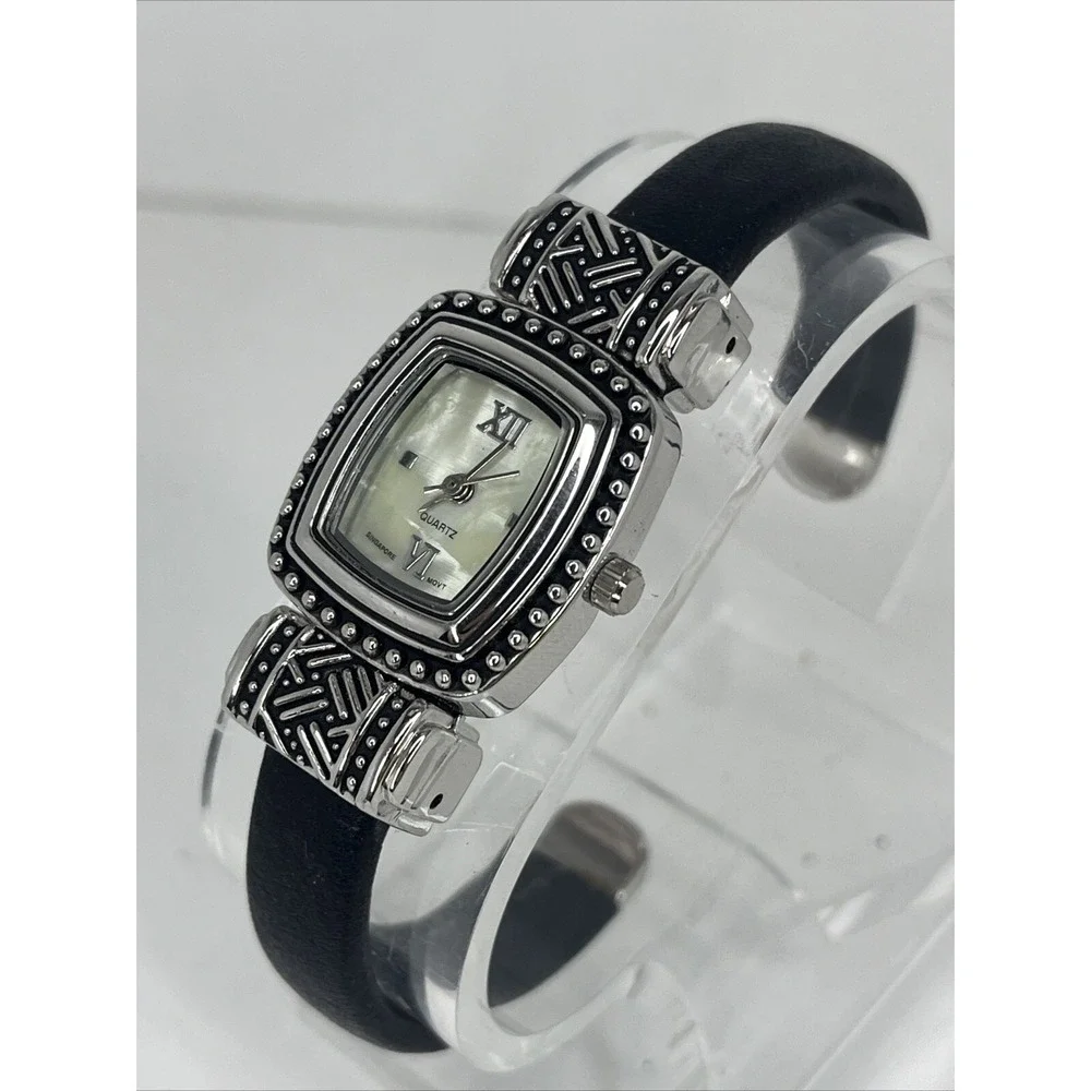 Women's Quartz Watch Silver‎ 22mm Case Black Hinge Band- New Battery